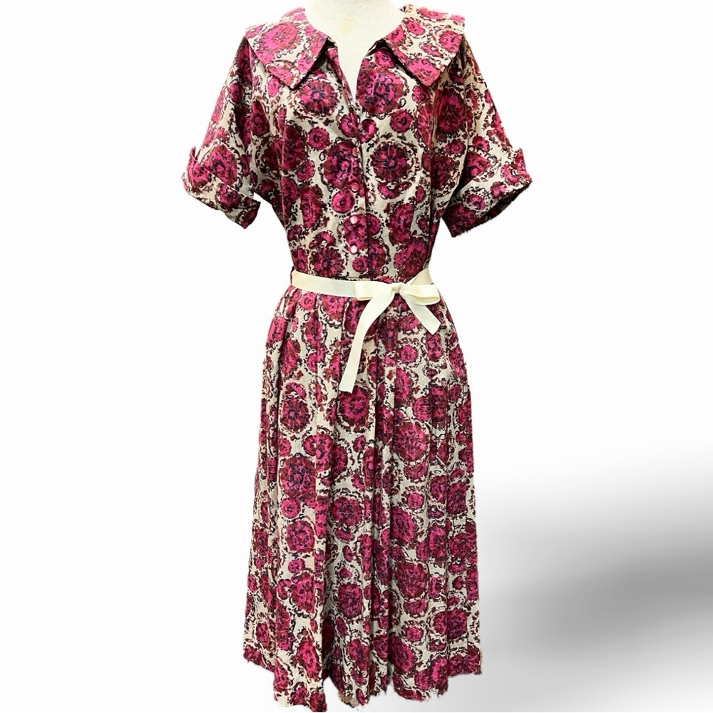 VINTAGE 50s MCM Ann Taylor cotton floral day‎ dress flare skirt rounded collar - Picture 3 of 16
